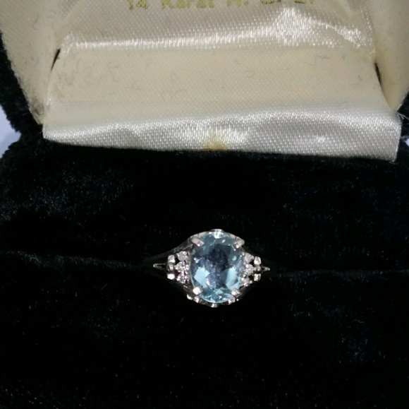 Solid Platinum Aquamarine Diamond Wedding Engagemet Ring VINTAGE ESTATE - Picture 6 of 8